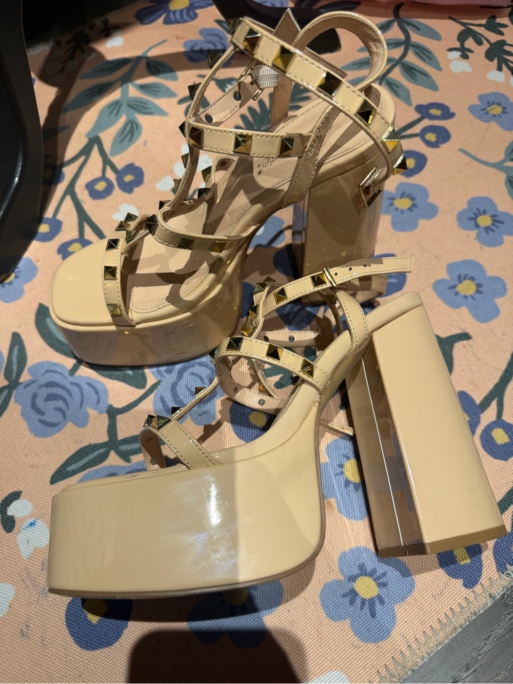 JustFab Nude Patent Platform Block Heels with Gold Stud Accents